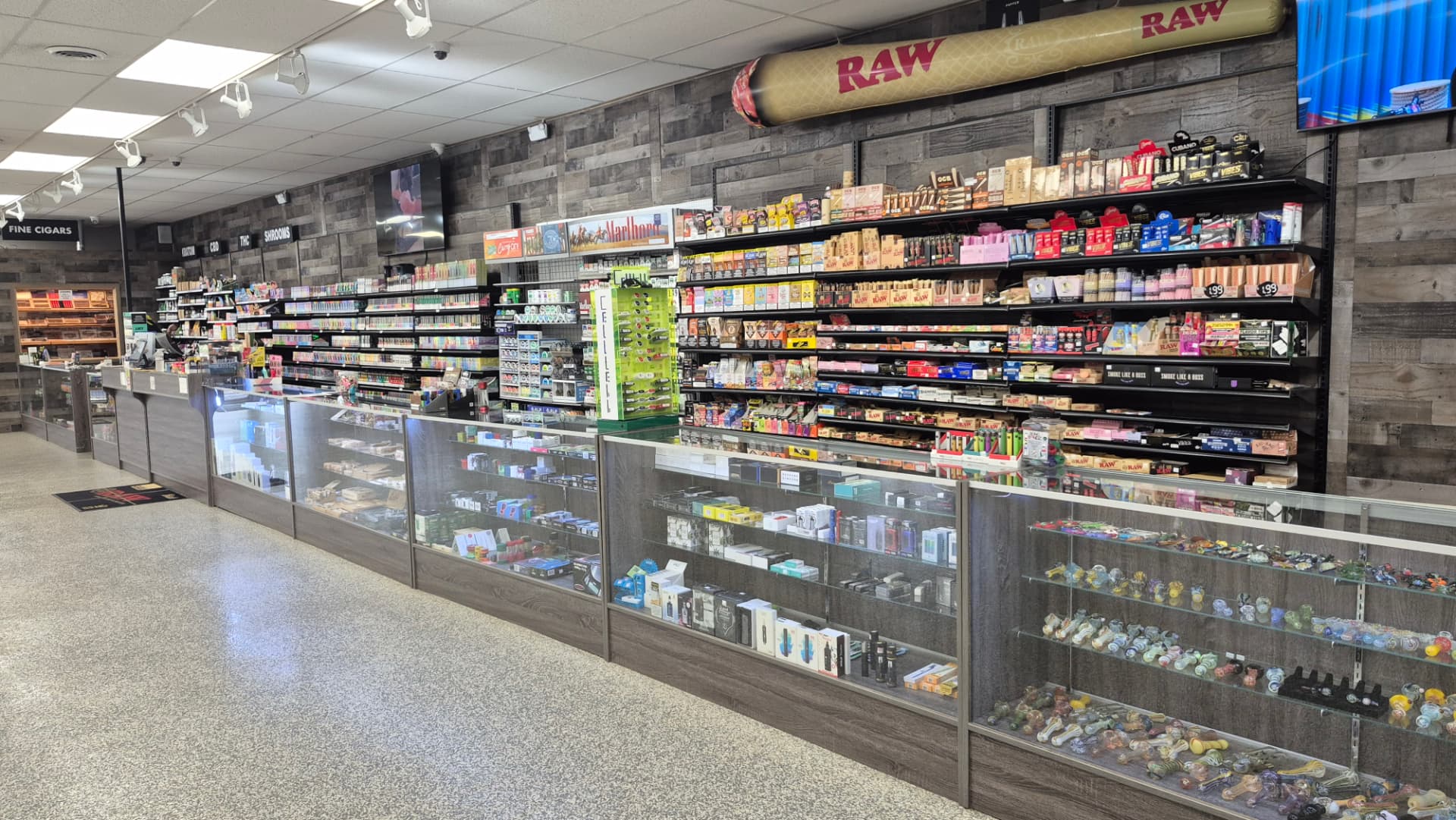 Aisle of rolling papers, wraps and tobacco products